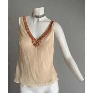 VTG Cache Y2K 100% Silk Beaded Top Glam Festival Boho Sand Color Medium NWT